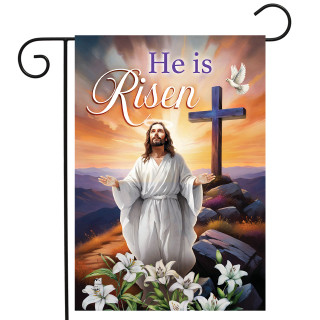 Jesus Is Risen Garden Flag with white lilies, cross, and dove on colorful background scene.