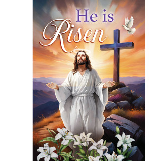 Jesus Is Risen Garden Flag with white lilies, cross, and dove on colorful mountain background.