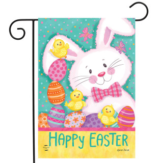 Easter Time Garden Flag with white bunny, chicks, colorful eggs, and Happy Easter text.
