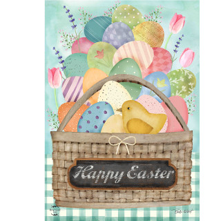 Colorful Easter Basket Garden Flag with Happy Easter sign, eggs, and yellow chick decoration.