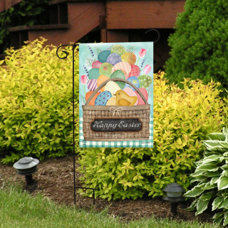 Colorful Easter Basket Garden Flag with Happy Easter text and multicolored eggs on green background.