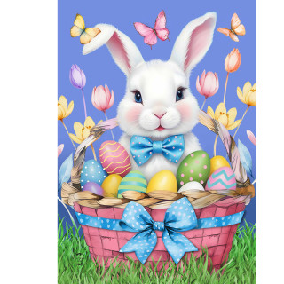 Easter Bunny Basket Garden Flag with colorful eggs, butterflies, and tulips on blue background.