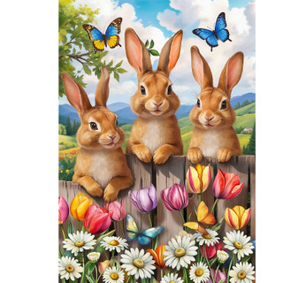 Bunny Greeting House Flag with three brown bunnies, colorful flowers, and butterflies on a wooden fence.