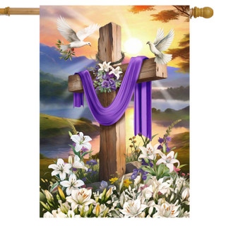 Easter Sunrise Cross House Flag with purple cloth, flowers, and white doves on a wooden cross.