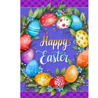 Vibrant Easter wreath with colorful eggs, green leaves, and "Happy Easter" text on purple background house flag.