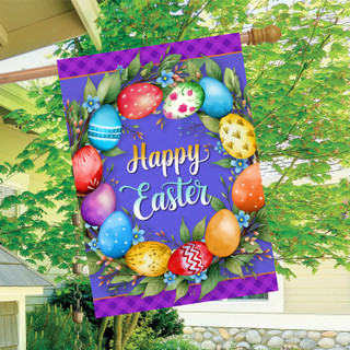 Colorful Easter Wreath House Flag with Happy Easter text and multicolored eggs on purple background.
