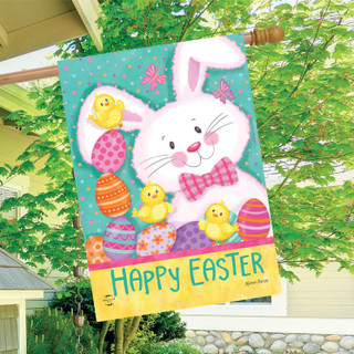 Easter Time House Flag with colorful bunny, chicks, and eggs on green background with Happy Easter.