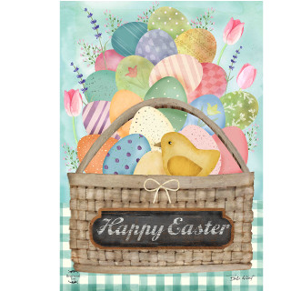 Colorful Easter Basket House Flag with eggs, chick, and Happy Easter sign on woven basket.