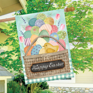 Colorful Easter Basket House Flag with eggs, chick, and Happy Easter sign on green background.
