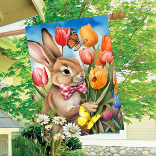 Stop and Smell the Tulips House Flag with Easter bunny, tulips and butterflies design.