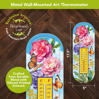 Butterflies and Peonies metal wall-mounted thermometer with vibrant colorful butterflies and flowers design.
