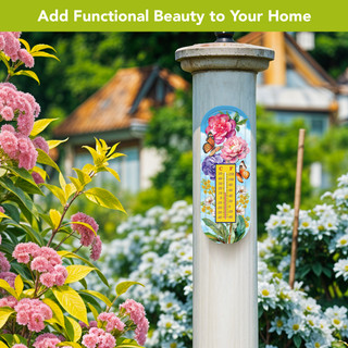 Butterflies and Peonies metal thermometer, colorful garden decor with butterflies, peonies, and flowers design.