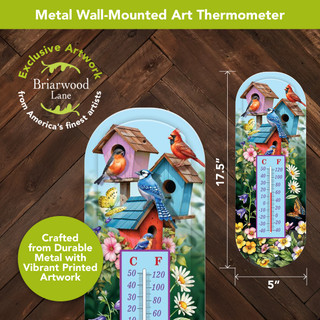 Spring Celebration Birdhouses Metal Thermometer, Briarwood Lane, colorful birdhouses, vibrant flowers, 17.5" tall, durable metal.