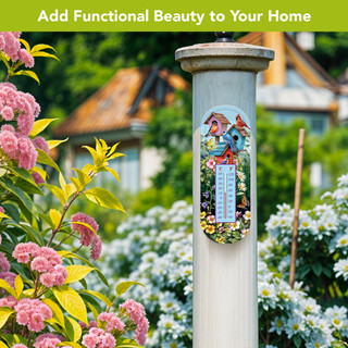 Spring Celebration Birdhouses Metal Thermometer mounted on a post amidst flowers and greenery outdoors.