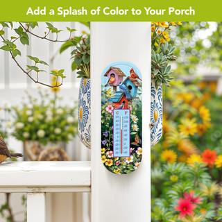 Spring Celebration Birdhouses Metal Thermometer with colorful floral design and bird scene on white porch post.