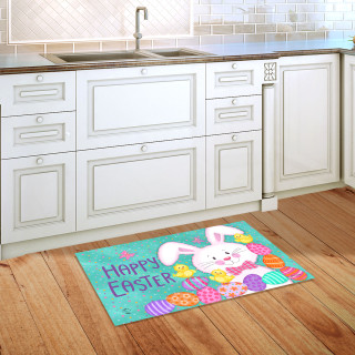 Easter Time Doormat with colorful bunny, eggs, and Happy Easter text on teal background.