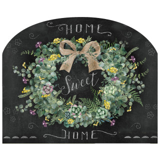 Home Sweet Home Wreath Acrylic Art Sign with floral wreath and burlap bow on black background.