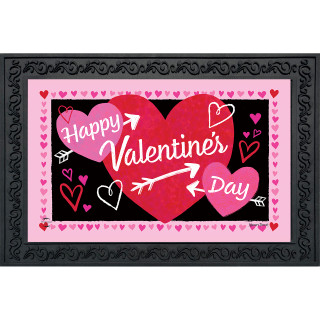 Cupid's Hearts Doormat with Valentine's Day design, pink and red hearts on black background.