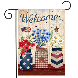 Welcome American Mason Jars Garden Flag with floral design and patriotic colors on a wooden background.