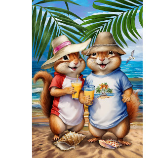 Summer Chipmunks in beach hats and casual shirts standing on a beach with drinks.