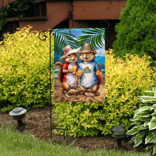 Summer Chipmunks Garden Flag with cartoon chipmunks in hats on a tropical background outdoors.