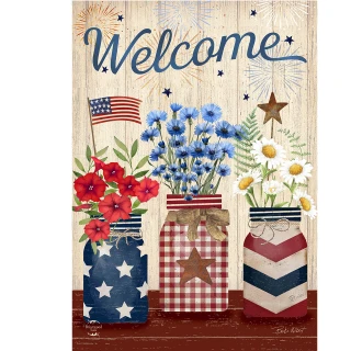 Welcome American Mason Jars House Flag with patriotic flowers and jars on a wooden background.