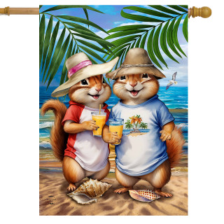 Summer Chipmunks House Flag with chipmunks in beach hats holding drinks on a sandy beach.