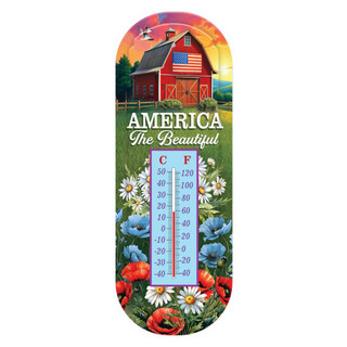 American Barn Metal Thermometer with floral design and patriotic barn scene in red, white, and blue colors.