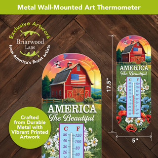 American Barn Metal Thermometer, wall-mounted art with vibrant printed artwork and durable metal, 17.5 inches tall.