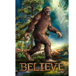 Brown Bigfoot walking through forest with trees, Believe Bigfoot Garden Flag depicted in vibrant colors.