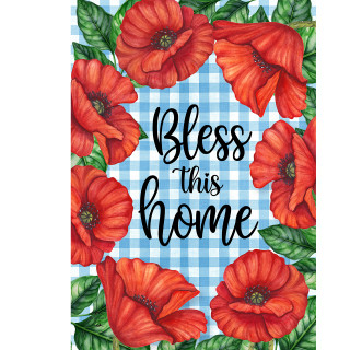 Bless This Home garden flag with red poppies on blue gingham background and green leaves.