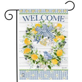 Bluebird Lemon Wreath Garden Flag with blue bird, lemons, and Welcome text on white background.