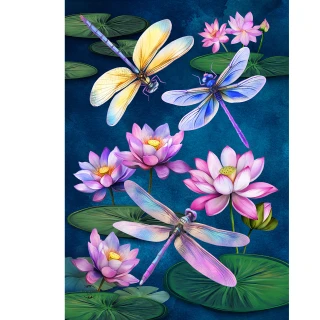 Dragonflies and water lilies garden flag with colorful dragonflies and pink flowers on green lily pads.