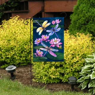 Dragonflies and Water Lilies garden flag with colorful dragonflies and pink flowers on a blue background.