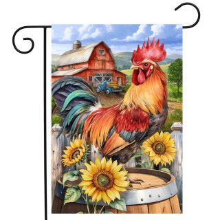 Farmyard Rooster Garden Flag with colorful rooster, sunflowers, and barn scenery design.