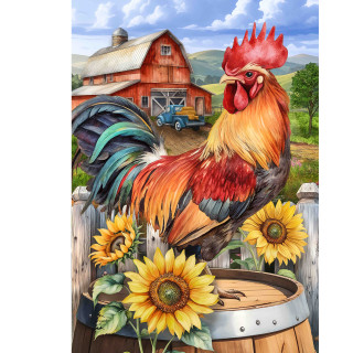 Farmyard Rooster Garden Flag with red, orange, and black rooster, sunflowers, and rustic barn scene.