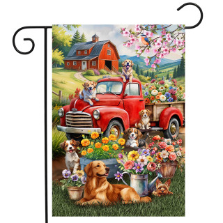 Farm Pups Garden Flag with colorful dogs, red truck, and vibrant flowers on a garden background.