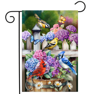 Bird Watching Garden Flag with colorful birds, hydrangeas, and butterflies on a wooden fence background.