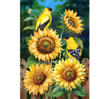 Goldfinch Gathering Garden Flag with bright yellow sunflowers and American goldfinch birds on wooden fence background.