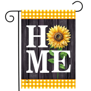 Sunflower garden flag with "HOME" and yellow gingham border on a wooden background design.