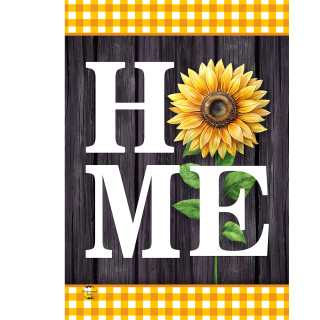 Sunflower Home Garden Flag with yellow flower, white HOME text on dark wood with gingham border.