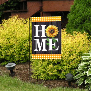 Sunflower Home Garden Flag with yellow gingham trim and wooden texture background.