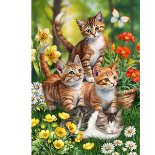 Four orange and white kittens play among vibrant yellow, white, and orange flowers in a garden.