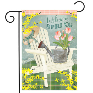 Spring Adirondack Chair Garden Flag with Welcome SPRING text, pink tulips, and white chair design.