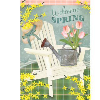 Spring Adirondack Chair Garden Flag with pink tulips and yellow flowers on green plaid background.