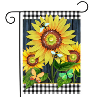 Blooming Sunflowers Garden Flag with yellow sunflowers, butterflies, and bees on black and white checkered background.