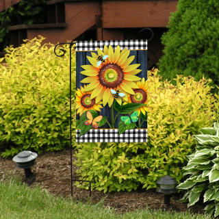 Blooming Sunflowers Garden Flag with black and white checkered border and vibrant yellow sunflowers.