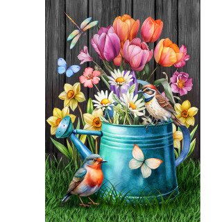 Garden Buddies Garden Flag with colorful flowers, birds, butterflies, and dragonflies on a watering can.