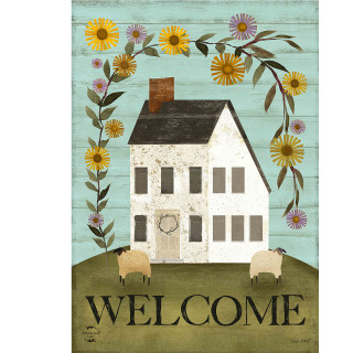 Country Saltbox Garden Flag with white house, flowers, sheep, and welcome text on green hill.