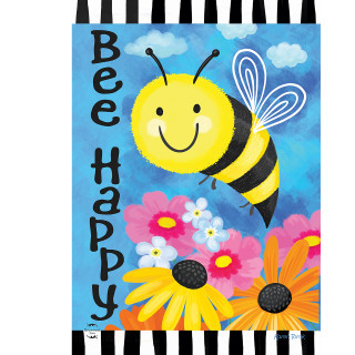 Bee Happy Bumblebee Garden Flag with smiling bee, colorful flowers, and blue cloudy sky background.